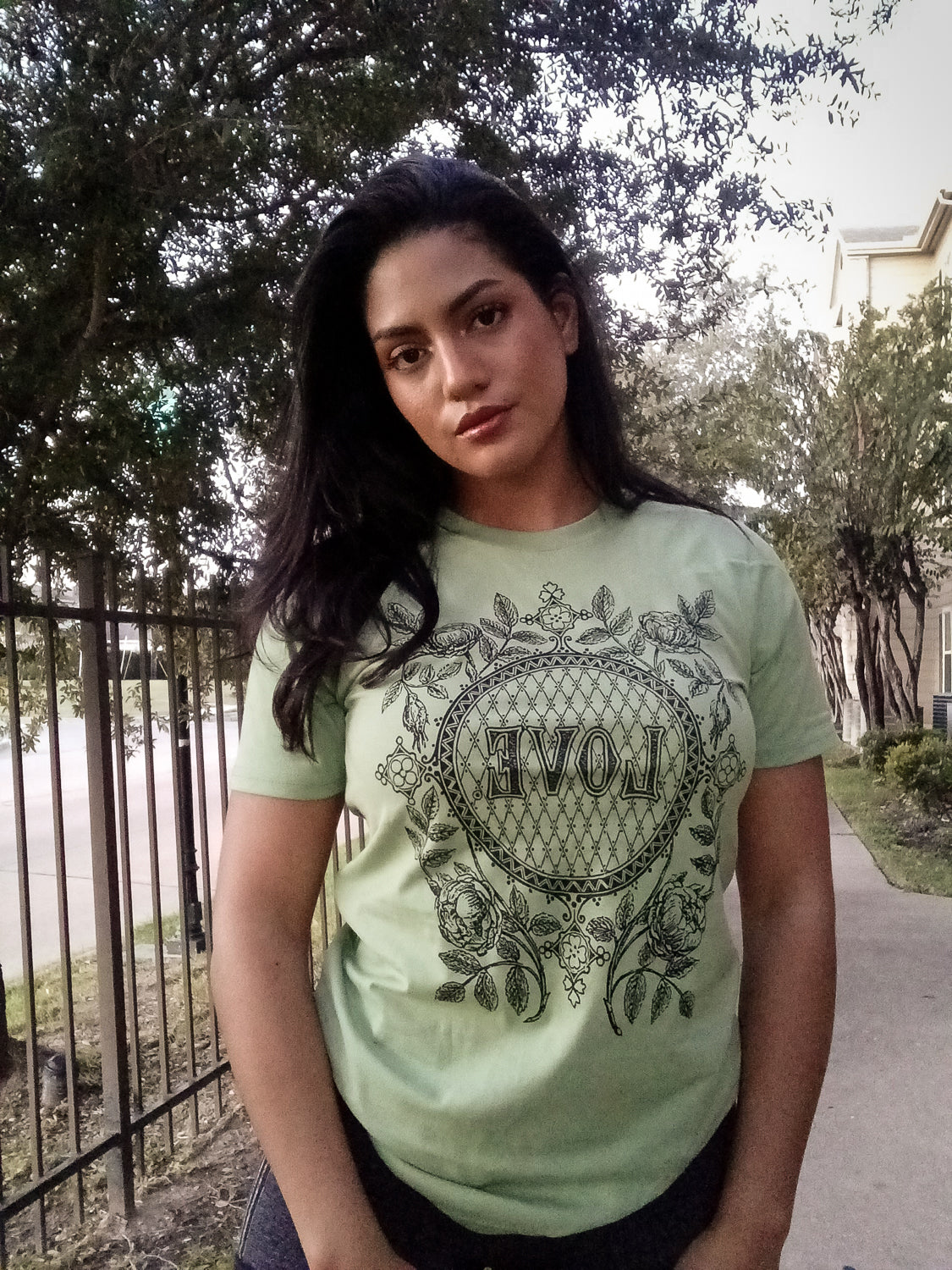 Rare Breed's love organic t-shirt in action!  (Avocado green t-shirt with black print)