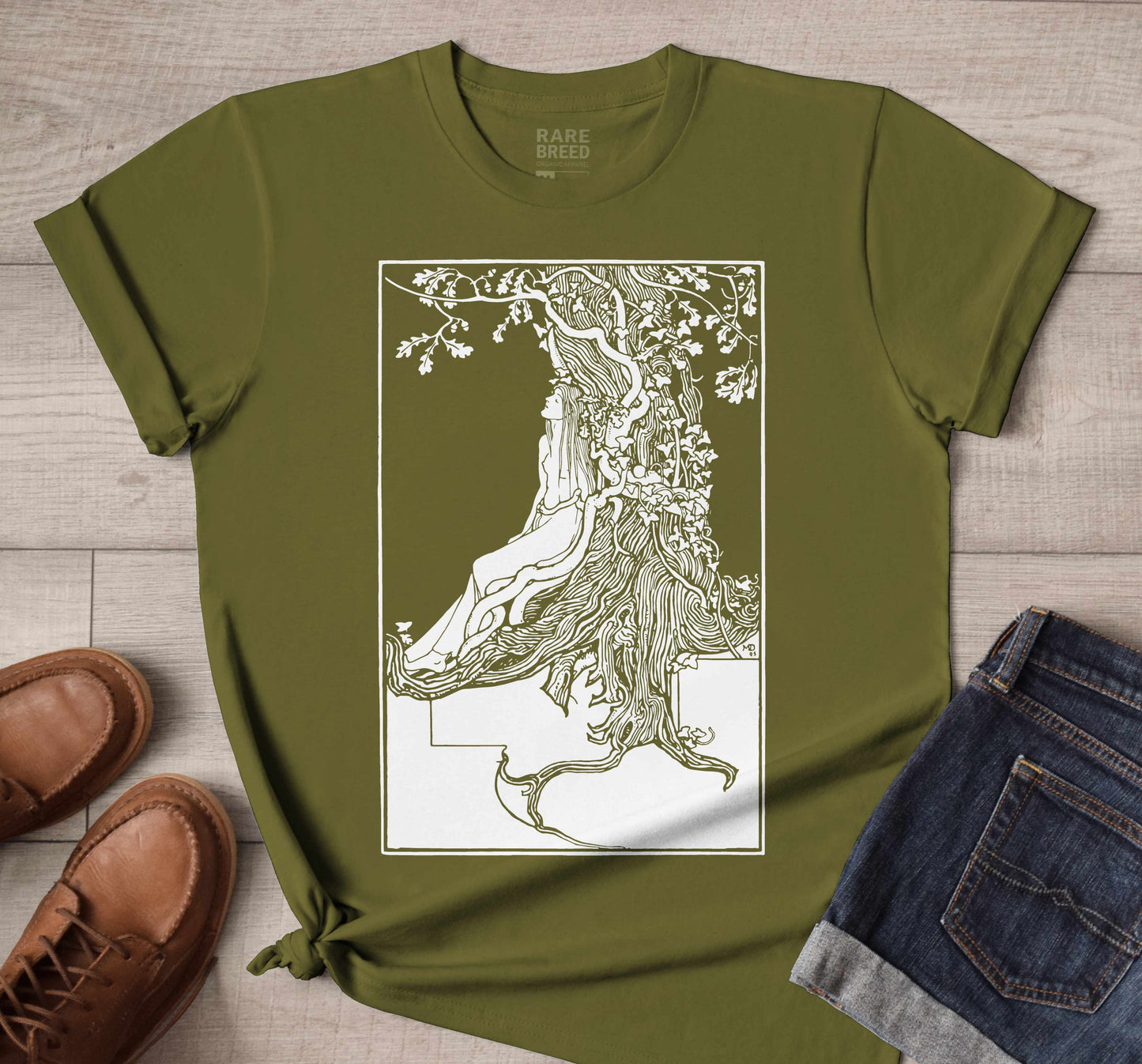 Olive green organic T-shirt for tree-huggers featuring a dryad leaning against an oak tree.  Ethically made in USA.