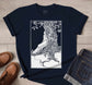 Navy blue organic T-shirt for tree-huggers featuring a dryad leaning against an oak tree.  Ethically made in USA