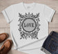 Organic T-shirt featuring the word "Love" and vintage roses. Ethically made in USA.