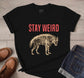 100% Organic T-shirt. "Stay Weird" design by Rare Breed Organic Apparel. Black T-shirt with hot pink lettering, made in the USA. 