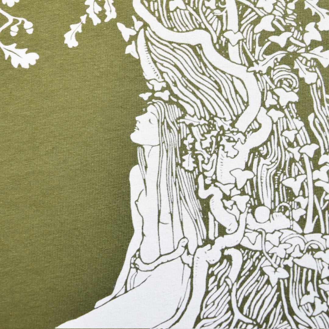 Close-up of Mabel Dearmer's "The Dryad"  line drawing, screen-printed on an olive organic T-shirt.   The image shows a woman leaning back in a meditative posture against a large oak tree.