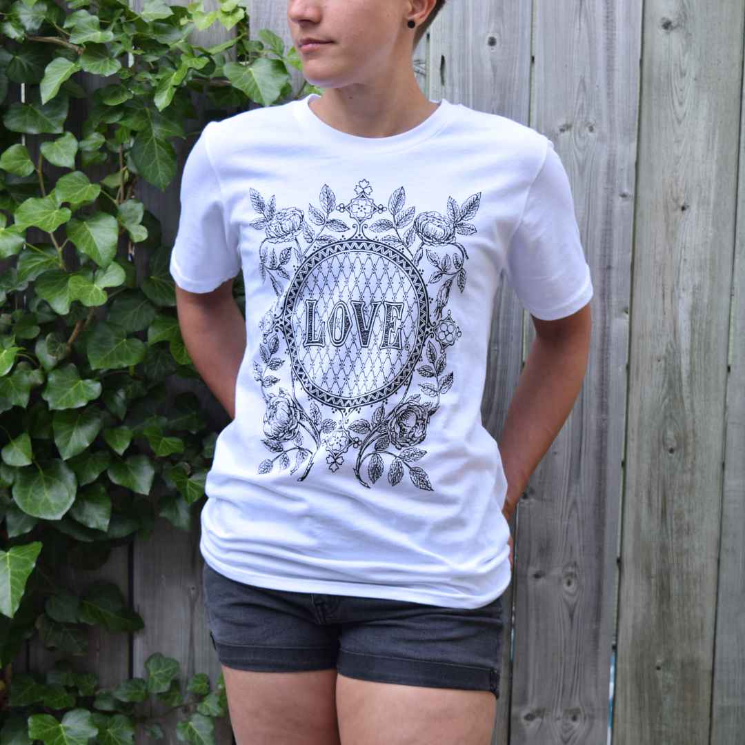 Rare Breed Organic Apparel's organic cotton love t-shirt in white.