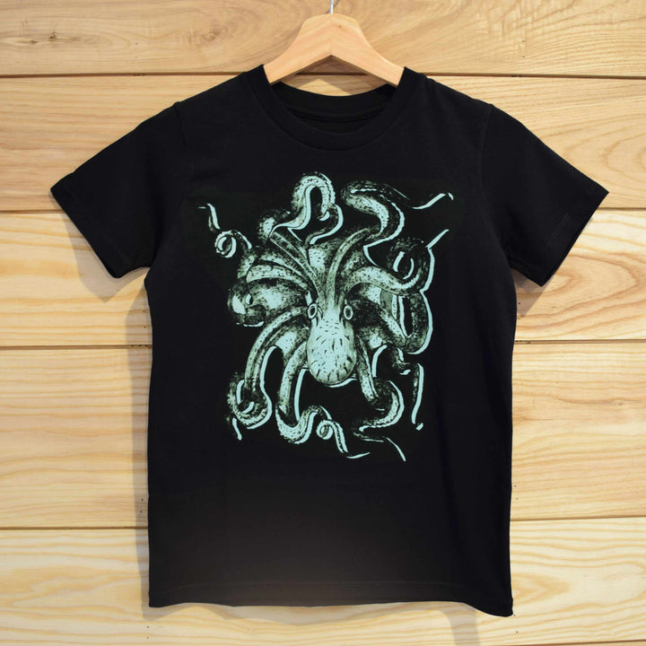 Rare Breed Organic Apparel's first organic T-shirt for kids is the Octo tee, featuring a teal octopus on a black organic cotton t-shirt.  Ethically made in USA.