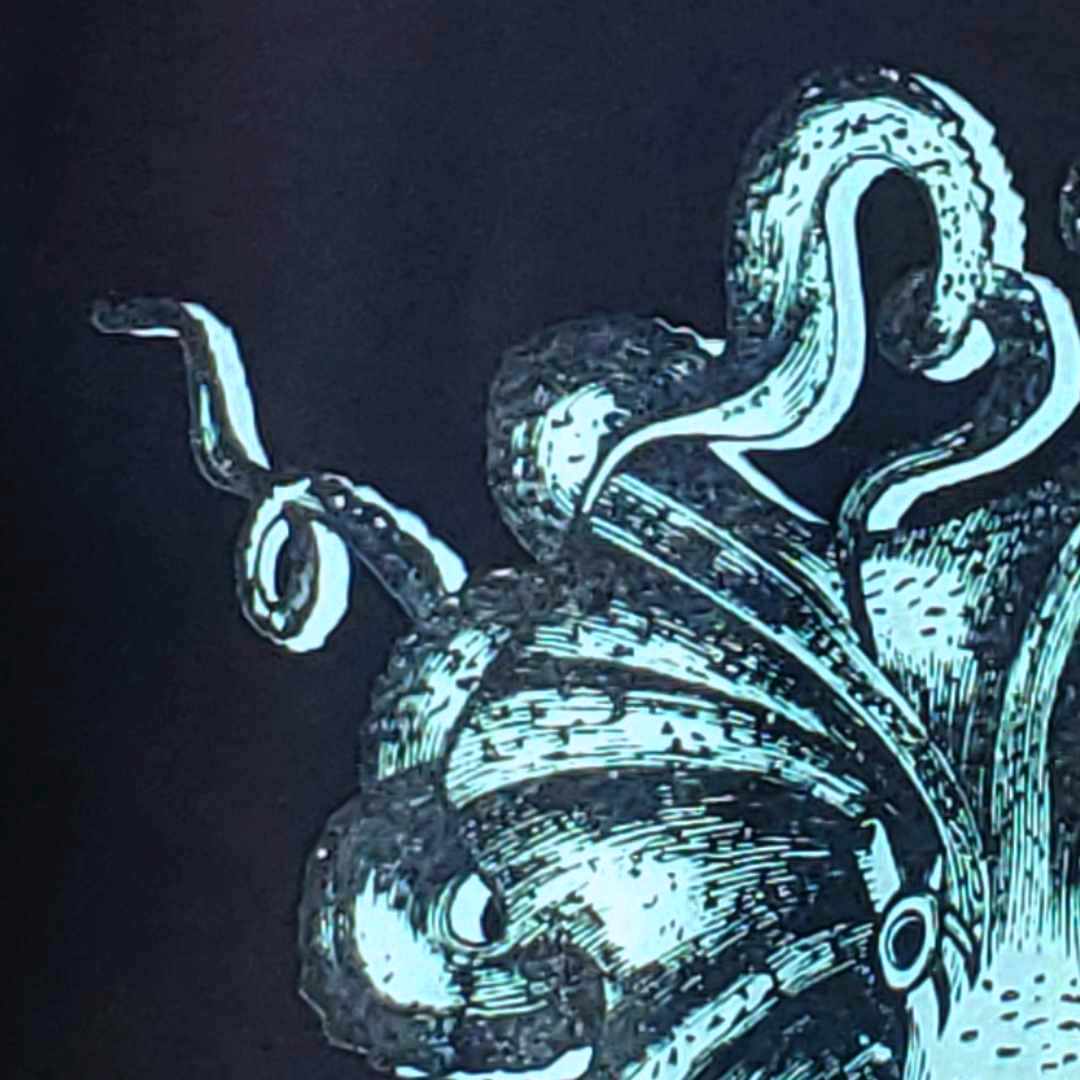 A close up of the Octopus T-shirt by Rare Breed Organic Apparel featuring a vintage wood engraving of an octopus on an black organic t-shirt