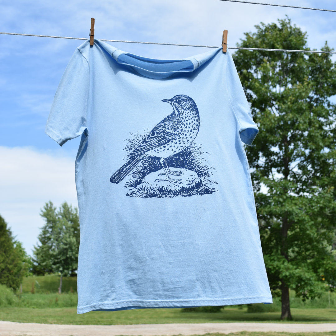 Organic cotton bird t-shirt, a perfect gift for bird-lovers.  Image by Rare Breed Organic Apparel.