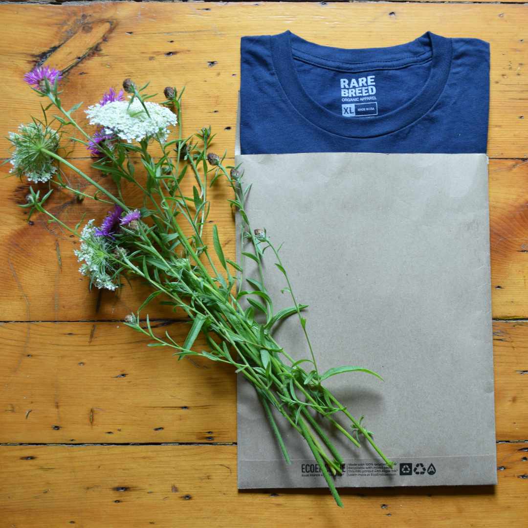 A Rare Breed 100%  Organic Cotton T-Shirt ready to ship in Eco-enclose 100% compostable packaging.  